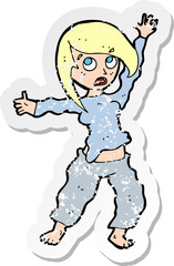 retro distressed sticker of a cartoon frightened woman