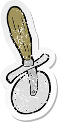 retro distressed sticker of a cartoon pizza cutter