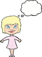 cartoon girl shrugging shoulders with thought bubble