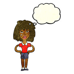cartoon tough woman with thought bubble