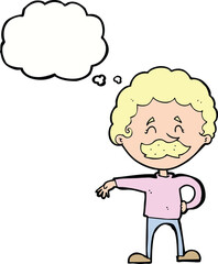 cartoon man making camp gesture with thought bubble
