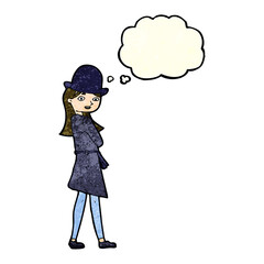 cartoon female spy with thought bubble