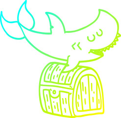 cold gradient line drawing cartoon shark swimming over treasure chest