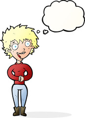 cartoon crazy excited woman with thought bubble