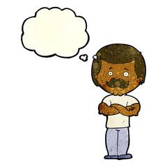cartoon manly mustache man with thought bubble