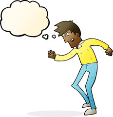 cartoon happy man dancing with thought bubble