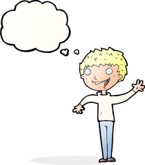 cartoon happy boy waving with thought bubble