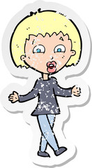 retro distressed sticker of a cartoon woman shrugging shoulders