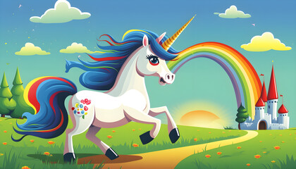 unicorn cartoon running in open field with rainbow and castle