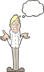 cartoon man shrugging shoulders with thought bubble
