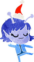 smiling alien girl retro cartoon of a wearing santa hat