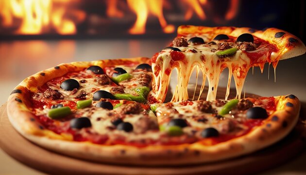 hot Pizza lifted slice, with olives, tomatoes, and peppers. Generative AI