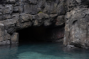 Sky Lagoon in Iceland. Geothermal spa with heated water on cold day