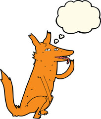 cartoon fox licking paw with thought bubble