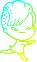 cold gradient line drawing cute cartoon girl with hipster haircut