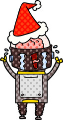comic book style illustration of a crying robot wearing santa hat