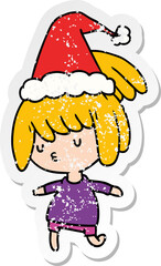 christmas distressed sticker cartoon of kawaii girl