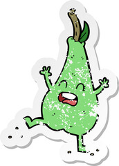 retro distressed sticker of a cartoon happy dancing pear