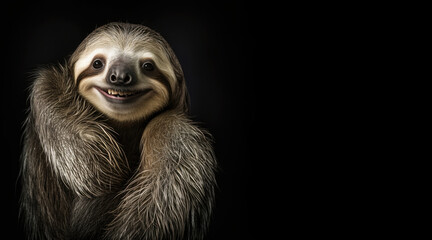 portrait of a happy smiling sloth, photo studio set up with key light, isolated with black background and copy space - generative ai