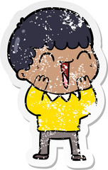 distressed sticker of a cartoon happy man