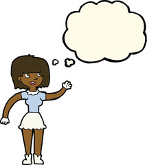cartoon girl waving with thought bubble