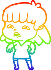 rainbow gradient line drawing cartoon worried woman
