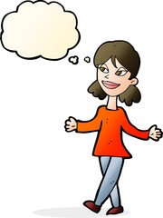 cartoon woman with no worries with thought bubble