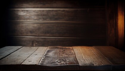 wooden table and dark wooden wall. Generative AI