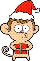 comic book style illustration of a christmas monkey wearing santa hat
