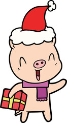 happy line drawing of a pig with xmas present wearing santa hat