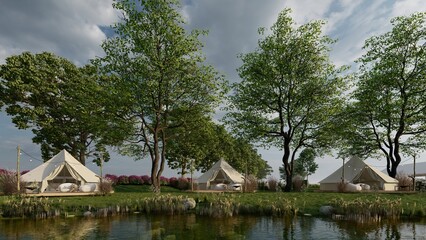 Obraz premium glamping tent in nature, camping by the lake, 