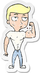 retro distressed sticker of a cartoon gym man