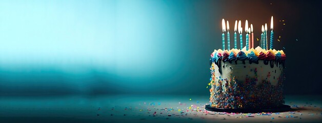 Birthday cake decorated with colorful sprinkles and ten candles, copy space. Generative AI
