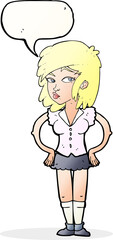 cartoon pretty woman with hands on hips with thought bubble