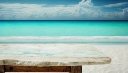 Marble table top on blurred blue sea and white sand beach background. made with Generative Ai