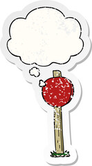 cartoon sign post and thought bubble as a distressed worn sticker