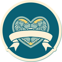 tattoo style sticker of a heart and banner with flowers