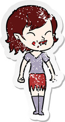 distressed sticker of a cartoon vampire girl with blood on cheek
