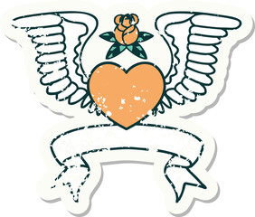 grunge sticker with banner of a heart with wings