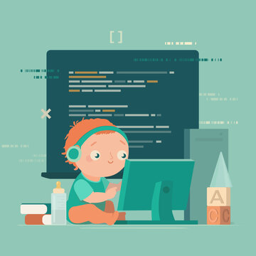 a baby studying programming course banner advertisement flat vector design cartoon character, education, coding, web, engineering, developer, yong development, software, coding, create code