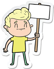 sticker of a happy cartoon man with sign
