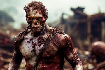 Generative AI portrait of zombie, undead walking among ruins, detachment of flesh, bones, teeth, dirty and torn clothes, representation of the apocalypse.