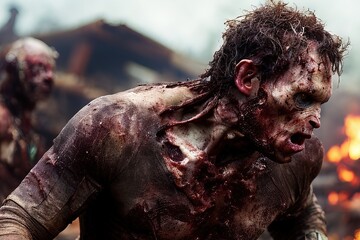 Generative AI vertical portrait of a zombie, skull, flesh detachment, blood and horror, walking among ruins.