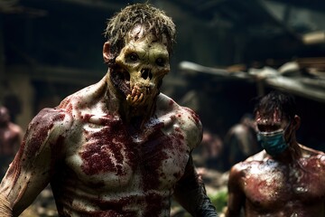 Generative AI portrait of the living dead walking among the ruins of a city, detachment of flesh, bones, teeth, blood and dirty and torn clothes, representation of the apocalypse.