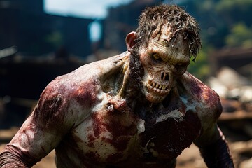 Generative AI standing male zombie walking among the ruins of a city, detachment of flesh, bones, teeth, blood and dirty and torn clothes, representation of the apocalypse.