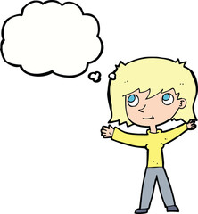 cartoon happy girl with thought bubble