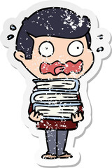 distressed sticker of a cartoon man with books totally stressed out