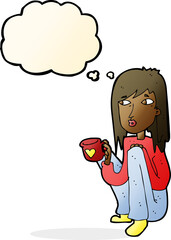 cartoon woman sitting with cup of coffee with thought bubble