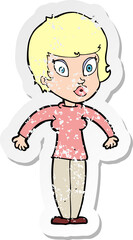 retro distressed sticker of a cartoon woman shrugging shoulders