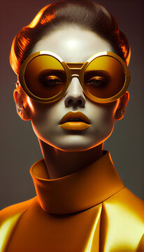 Magazine fashion studio shot, trendy model woman in sunglasses, retro, futurism. Generative AI..Magazine fashion studio shot, trendy model woman in sunglasses, retro, futurism. Generative AI..
